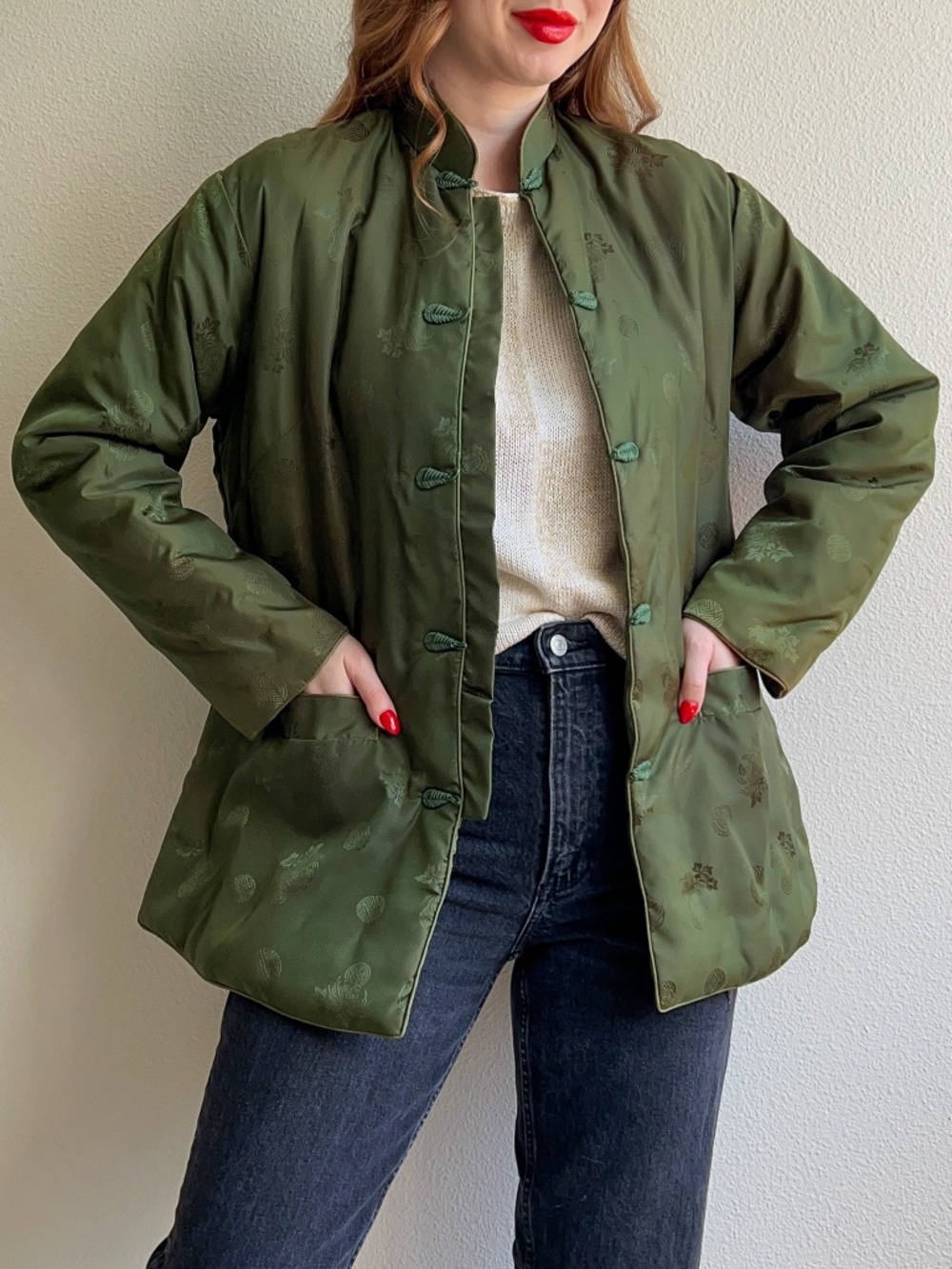 Vintage 1970s Olive Green Satin Padded Jacket (L/XL)